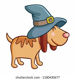 Funny and cute brown dog wearing witch hat for Halloween - vector.