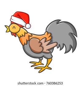 Funny and cute brown grey rooster wearing Santa's hat for Christmas and smiling - vector.
