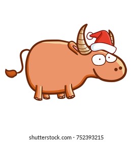 Funny and cute buffalo wearing Santa's hat and smiling - vector.