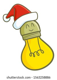 Funny and cute bulb lamp smiling and wearing Santa's hat for christmas