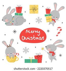 Funny cute bunnies with gifts, magic wand, candy