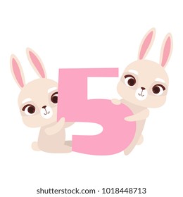 Funny cute bunny animals and number five, birthday anniversary, learn to count concept cartoon vector Illustration