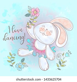 Funny cute Bunny dancing. I love dancing.  The Inscription. Vector.