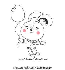 Funny and cute bunny with an egg-shaped balloon in doodle style. Vector illustration isolated on white background.