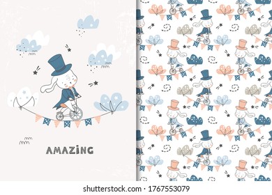 Funny cute bunny on bike as a tightrope walker shows a circus scene. Cartoon forest animal character. Kids card print template and seamless background pattern. Hand drawn surface design vector.