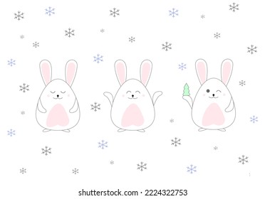 Funny and cute bunny (rabbit) in snow for Christmas and winter Doodle cartoon style.Happy New Year 2023.Vector illustration.