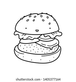 Funny cute burger drawn with a smile and eyes. Vector doodle cartoon character illustration icon design for kids restaurant menu. Isolated on white background. Burger, fast food cafe, junk food.