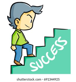 Funny and cute businessman step up into success stairs - vector.