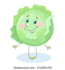 Funny cute cabbage. In cartoon style. Isolated on white background. Vector flat illustration.