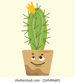 Funny cute cactus characters close up. Vector in cartoon style. A happy sticker of a flowering cactus with a funny face in a pot. Can be used for cards, invitations or as a sticker, print, banner