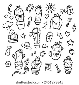 funny and cute cactus doodle cartoon illustration vector hand drawing set