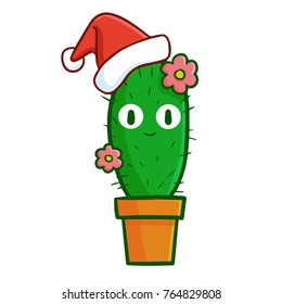 Funny and cute cactus in a pot wearing Santa's hat for Christmas and smiling - vector.