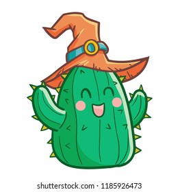 Funny and cute cactus wearing witch hat for Halloween - vector.