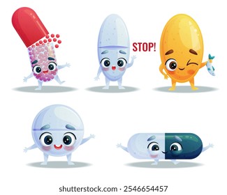 A funny cute capsule and pill in the set. Vector illustration