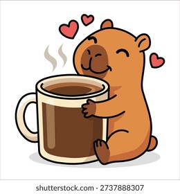Funny cute capybara character vector illustration set. Happy animal holding big mug, running with energy, sleeping in cup and leaning on coffee machine. Kawaii mascot for morning caffeine concept.