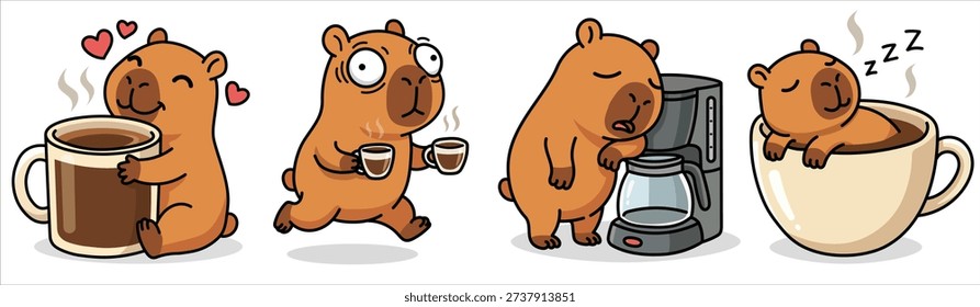 Funny cute capybara character vector illustration set. Happy animal holding big mug, running with energy, sleeping in cup and leaning on coffee machine. Kawaii mascot for morning caffeine concept.