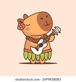 Funny cute capybara wearing Hawaiian hula costume playing ukulele guitar vector cartoon illustration