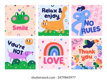 Funny cute card designs set. Abstract square backgrounds with creative doodle adorable comic art in modern trendy style. Colorful postcards, positive happy phrases. Flat graphic vector illustrations