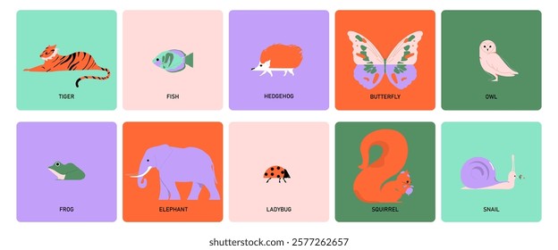 Funny cute card designs set. Abstract square frame with creative doodle adorable comic animals in modern trendy style. Flat graphic vector illustrations.