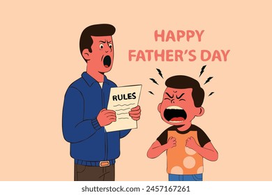 funny cute card, happy fathers day , a boy-girl screaming - angry with father, vector cartoon illustration, minimal flat design