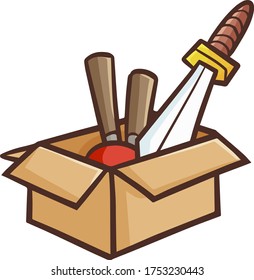 Caja de cartón divertida y linda llena de arma de juguetes