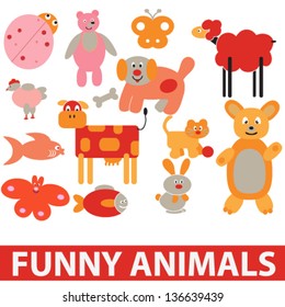 funny, cute cartoon animals set, vector