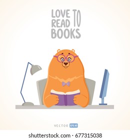 Funny and cute cartoon bear with book sit at the workplace. Vector illustration. Character animal.