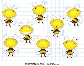 Funny cute cartoon bee. Emotions: sadness, joy, laughter, sarcasm, cry, smile. Vector illustration