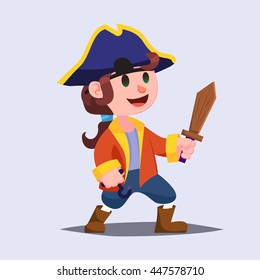 Funny cute cartoon Boy pirate kid with wooden sword. vector illustration