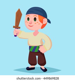 Funny cute cartoon Boy pirate kid with wooden sword. vector illustration
