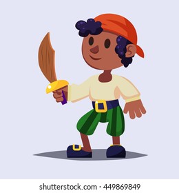 Funny cute cartoon Boy pirate kid with wooden sword. vector illustration