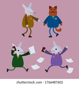Funny cute cartoon business hares meet a new employee - a dog