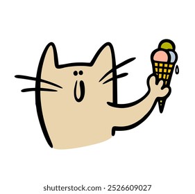 Funny cute cartoon cat holds a waffle cone and ice cream balls in its paw and shows them. Vector illustration of a kitten showing off a sweet dessert. Pet and junk food.