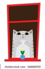 Funny cute cartoon cat in the window. 