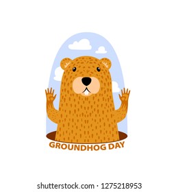 Funny and cute cartoon character of groundhog popping up from his burrow, Happy Groundhog Day, vector cartoon illustration isolated on white background