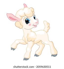 Funny cute cartoon character lamb. Vector illustration isolated on white background. For postcard, posters, nursery design, greeting card, stickers, room decor, t-shirt, kids apparel, invitation, book