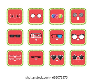 Funny cute cartoon comic watermelon characters in glasses with showing various, different emotions. Set of watermelon icons. Funny characters, mascots, emoticons isolated on white background. Vector