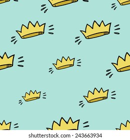 Funny cute cartoon crown vector seamless pattern on light blue background. Set of isolated elements. Chess grid order pattern.