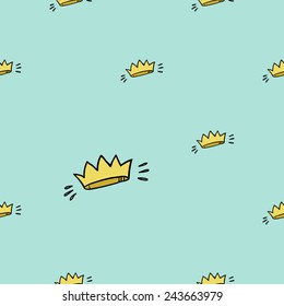 Funny cute cartoon crown vector seamless pattern on light blue background. Set of isolated elements. Chess grid order pattern.