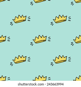 Funny cute cartoon crown vector seamless pattern on light blue background. Set of isolated elements. Chess grid order pattern.