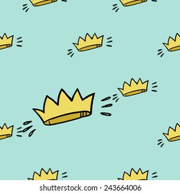 Funny cute cartoon crown vector seamless pattern on light blue background. Set of isolated elements. Chess grid order pattern.