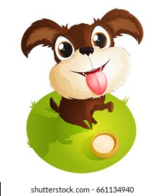 Funny cute cartoon dog gives paw. The puppy wants to eat. Vector illustration 