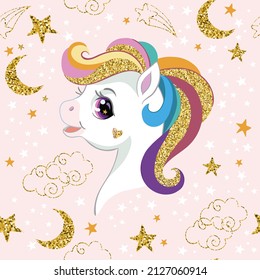 Funny cute cartoon dreaming unicorn head and golden sparkle cosmic elements isolated on pink background. Seamless pattern. Vector illustration. For print, wrapping paper, linen, design and decor.