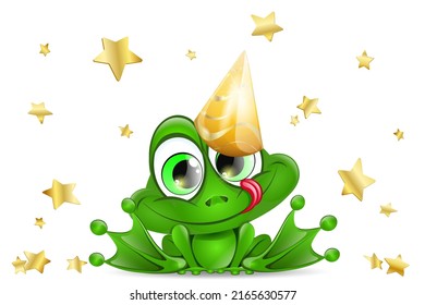 Funny cute cartoon frog with birthday cap and star confetti