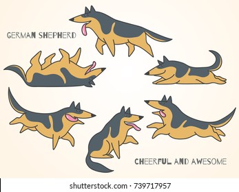 funny cute cartoon german shepherd dogs in various poses. Isolated vector illustration