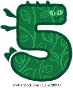 divertido lindo dibujo de dibujos animados de hoja verde número de dragón 5 vector dibujado a mano