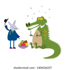 Funny cute cartoon hare and crocodile have lunch together