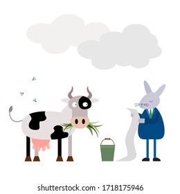 Funny cute cartoon hare reads instructions on how to milk a cow