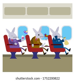 Funny cute cartoon hares businessmen flying on an airplane