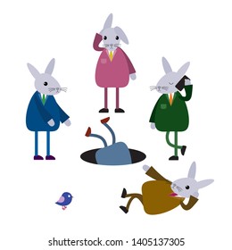 Funny cute cartoon hares discuss how to help a friend